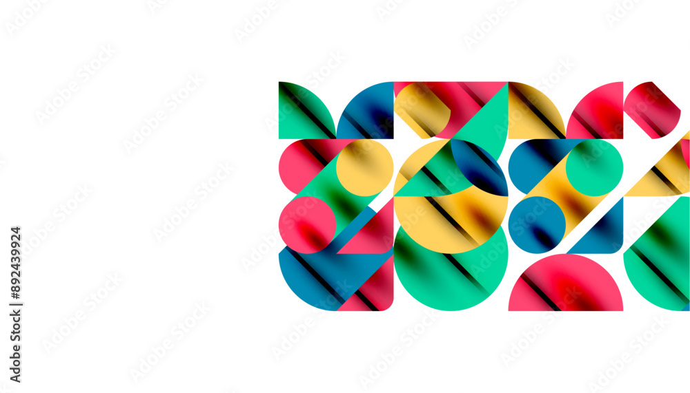Color beautiful circles, semi circles, squares and round triangles. Geometric mosaic style pattern abstract background for wallpaper, banner, backdrop, card, book Illustration, landing page Color beautiful circles, semi circles, squares and round triangles. Geometric mosaic style pattern abstract background for wallpaper, banner, backdrop, card, book Illustration, landing page