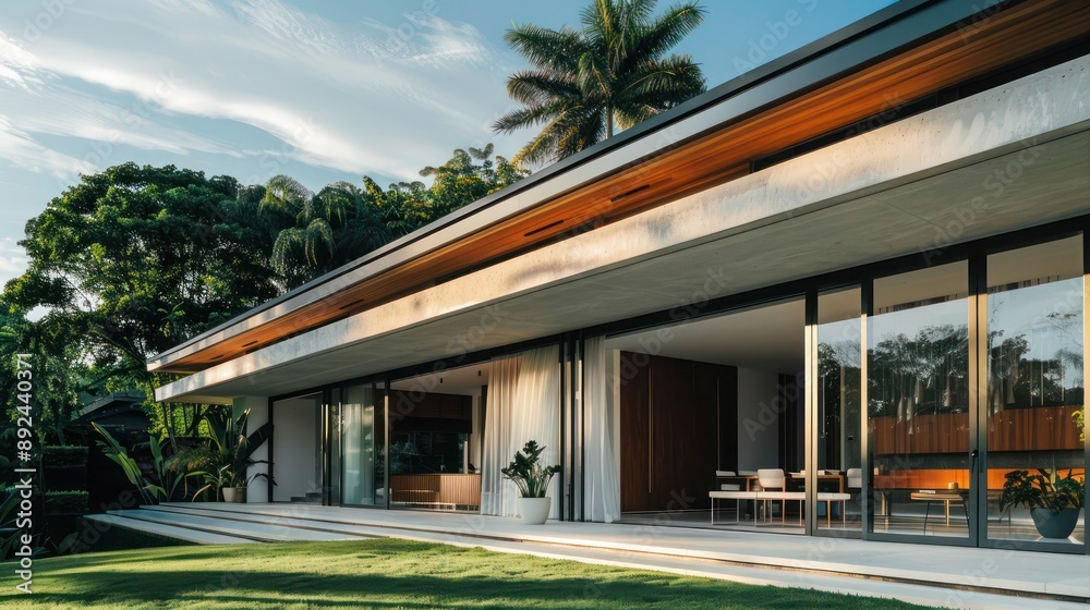 Fototapeta premium Luxurious suburban home with minimalist architecture, featuring a flat roof and large sliding doors, in a lush green setting