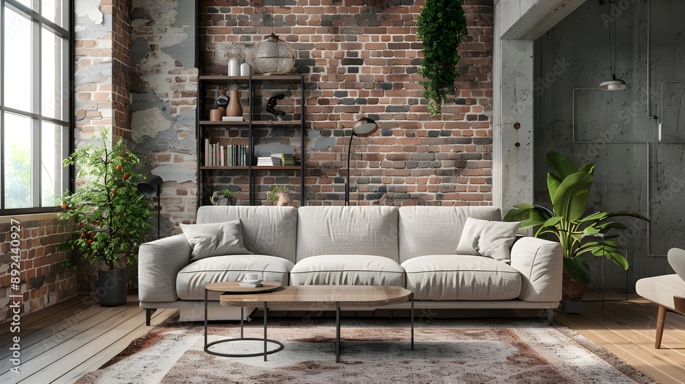 Living room interior in loft, industrial style, 3d render Living room interior in loft, industrial style, 3d render