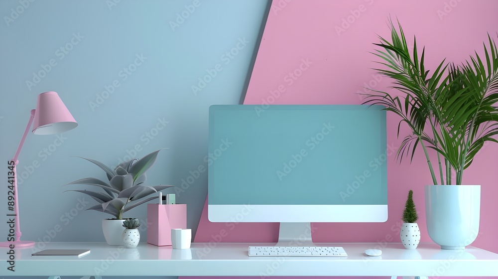 Mock up composition with computer and geometry figures 3d render Mock up composition with computer and geometry figures 3d render