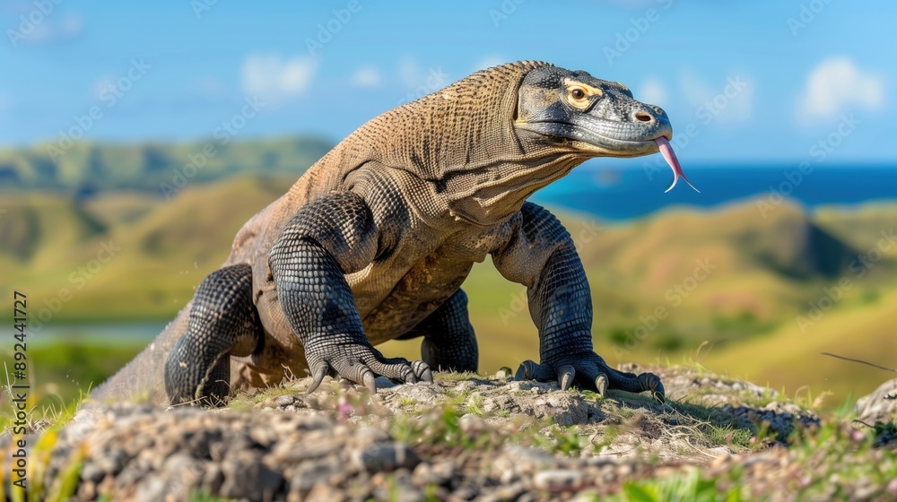 Obraz premium A large Komodo Dragon standing on a rocky surface with a blurred background of the National Park panorama