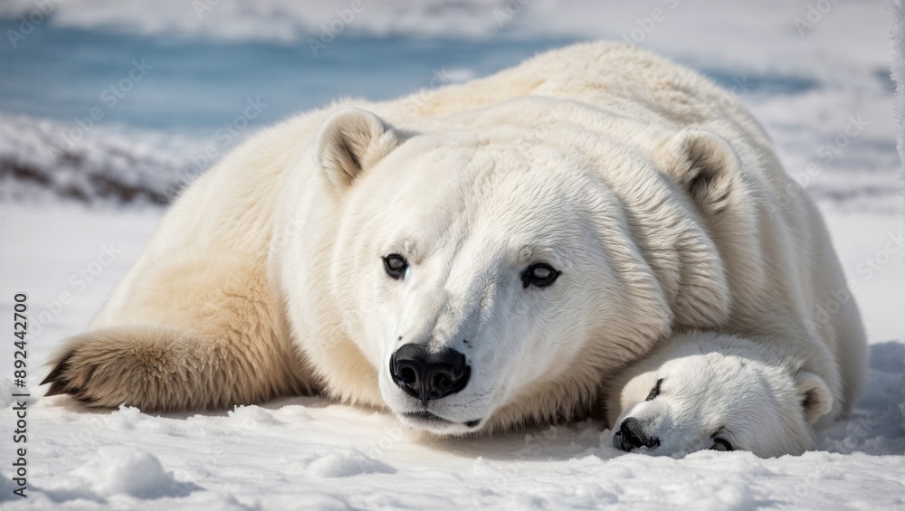 Polar Bear Cub Napping on Snow: A heartwarming image of a polar bear cub nestled beside its mother, resting peacefully on a snow-covered landscape. The majestic white bear and its playful cub evoke a Polar Bear Cub Napping on Snow: A heartwarming image of a polar bear cub nestled beside its mother, resting peacefully on a snow-covered landscape. The majestic white bear and its playful cub evoke a
