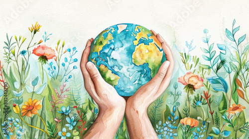 Fototapeta Naklejka Na Ścianę i Meble -  A watercolor painting depicts hands holding a globe surrounded by colorful flowers and plants
