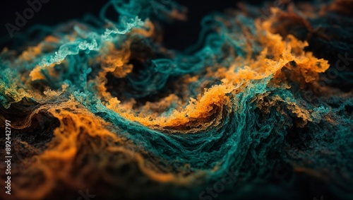 Abstract Swirling Colors: A mesmerizing abstract photo featuring swirling teal and orange hues, creating a dynamic and captivating visual. The vibrant colors and organic shapes evoke a sense of moveme photo