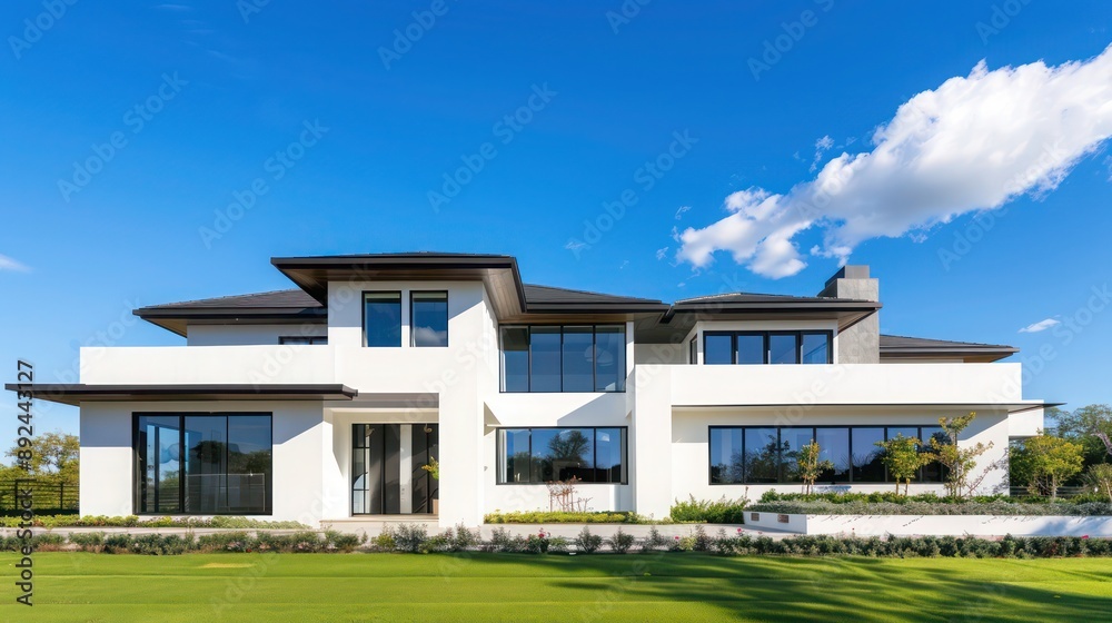 Luxurious suburban home with a minimalist design, featuring clean lines and a large front yard under a clear blue sky Luxurious suburban home with a minimalist design, featuring clean lines and a large front yard under a clear blue sky