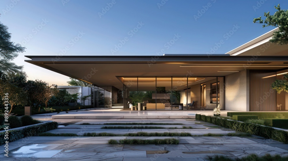 Luxurious suburban home with a minimalist design, featuring a flat roof and a large, welcoming entryway Luxurious suburban home with a minimalist design, featuring a flat roof and a large, welcoming entryway