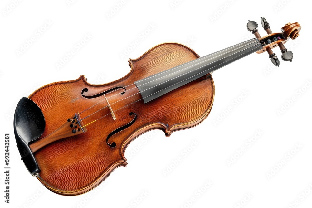 A close-up shot of a violin with a bow lying beside it on a plain white surface A close-up shot of a violin with a bow lying beside it on a plain white surface