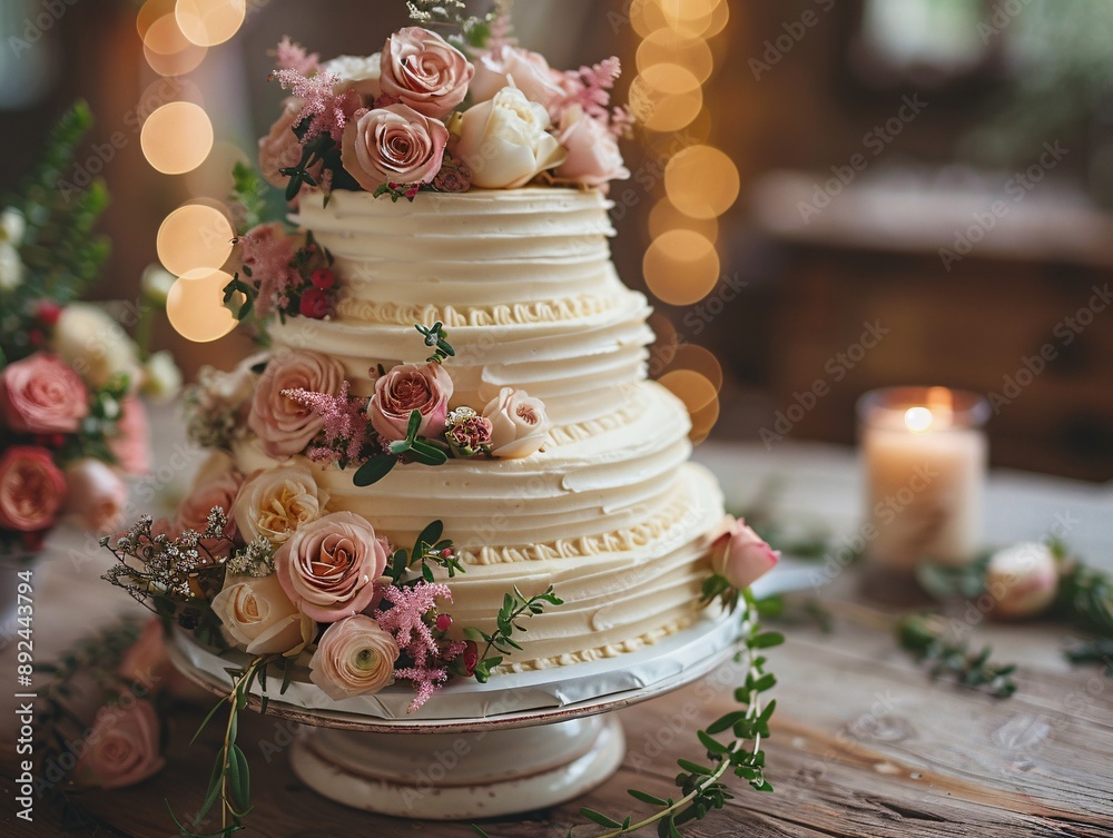 Beautifully Decorated Wedding Cake with Flowers Beautifully Decorated Wedding Cake with Flowers