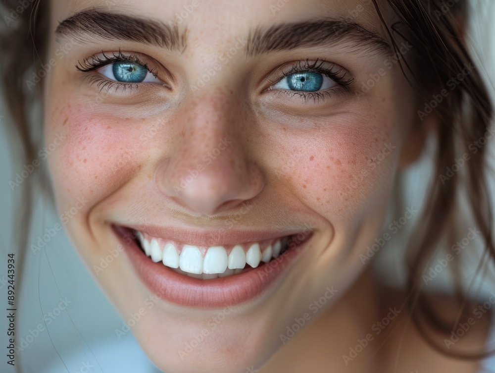 A smiling woman with bright blue eyes, ideal for use in advertising, marketing or personal projects A smiling woman with bright blue eyes, ideal for use in advertising, marketing or personal projects