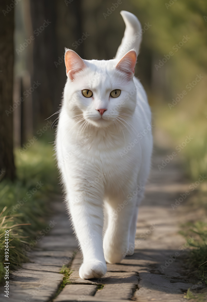 Obraz premium Cute cat with white fur walking on brick path. generative al