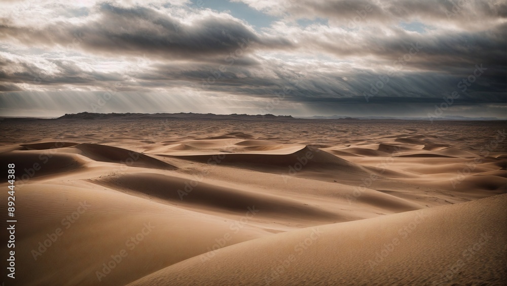 Desert Sunbeams: A dramatic landscape of rolling sand dunes with a powerful sunbeam breaking through a stormy sky. The image evokes a sense of vastness, mystery, and the raw beauty of nature. Desert Sunbeams: A dramatic landscape of rolling sand dunes with a powerful sunbeam breaking through a stormy sky. The image evokes a sense of vastness, mystery, and the raw beauty of nature.
