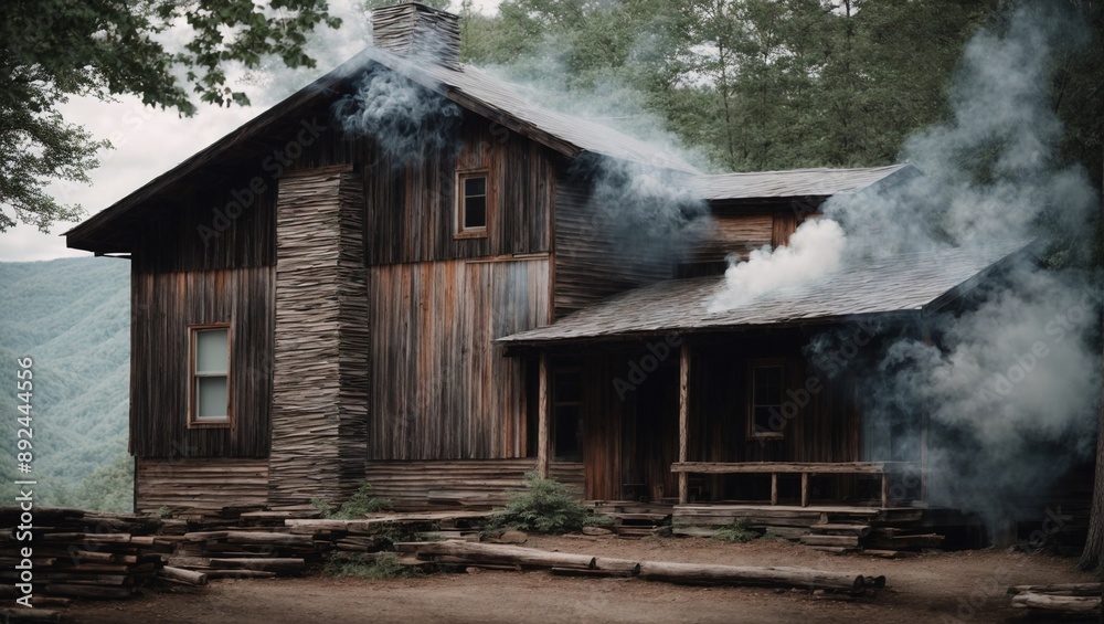 Rustic Cabin in the Woods: A weathered wooden cabin nestled amidst towering trees, smoke billowing from its chimney, evokes a sense of solitude and tranquility in the heart of nature. Rustic Cabin in the Woods: A weathered wooden cabin nestled amidst towering trees, smoke billowing from its chimney, evokes a sense of solitude and tranquility in the heart of nature.