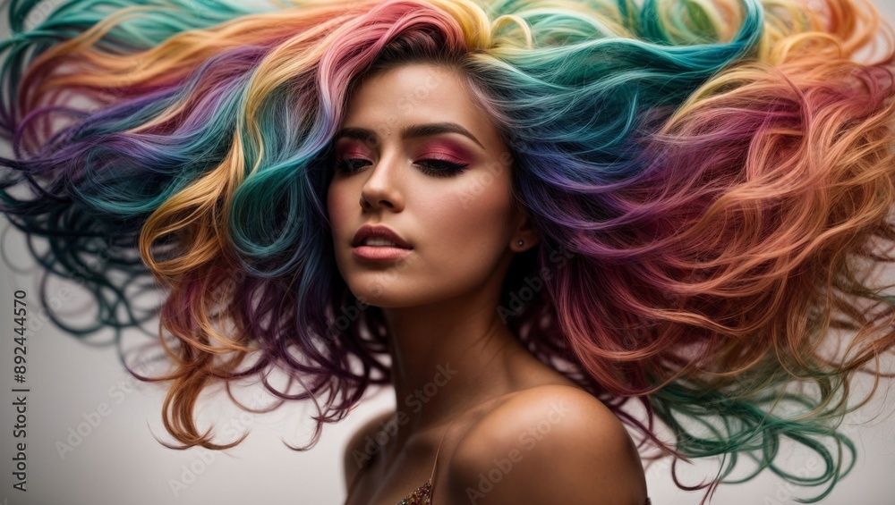 Rainbow Hair: A young woman with long, flowing, vibrant rainbow hair, looking alluring and confident. Her eyes are closed, and she seems to be enjoying the feeling of her colorful locks. The image is Rainbow Hair: A young woman with long, flowing, vibrant rainbow hair, looking alluring and confident. Her eyes are closed, and she seems to be enjoying the feeling of her colorful locks. The image is
