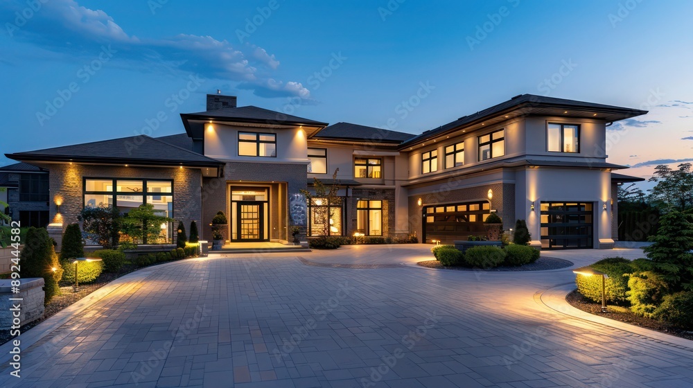 Luxurious suburban house with a neutral color palette, featuring a large driveway and contemporary outdoor lighting Luxurious suburban house with a neutral color palette, featuring a large driveway and contemporary outdoor lighting