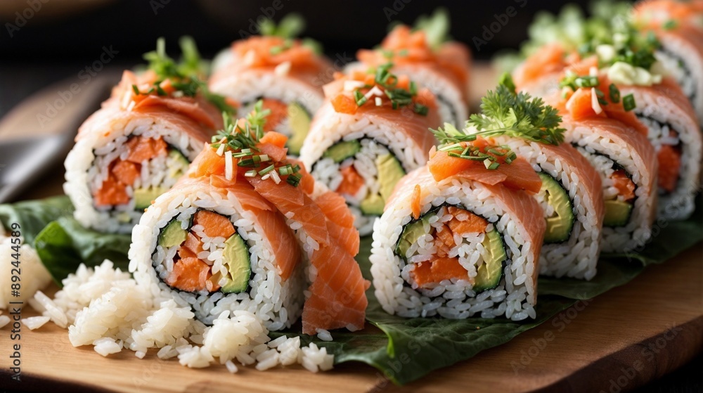 Salmon Sushi Roll Feast: A delectable arrangement of salmon sushi rolls, showcasing the vibrant pink salmon, creamy avocado, and fluffy rice, all nestled on a bed of fresh green leaves. A culinary mas Salmon Sushi Roll Feast: A delectable arrangement of salmon sushi rolls, showcasing the vibrant pink salmon, creamy avocado, and fluffy rice, all nestled on a bed of fresh green leaves. A culinary mas