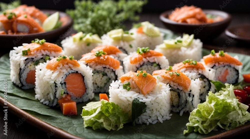 Sushi Platter Delight: A vibrant assortment of fresh sushi rolls, featuring salmon, avocado, and other delectable ingredients, artfully arranged on a platter for a visually appealing and mouth-waterin Sushi Platter Delight: A vibrant assortment of fresh sushi rolls, featuring salmon, avocado, and other delectable ingredients, artfully arranged on a platter for a visually appealing and mouth-waterin