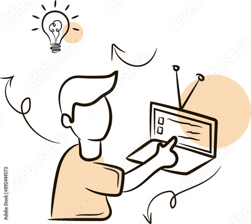 Illustration of a person in front of a computer studying hand drawn, online education vector