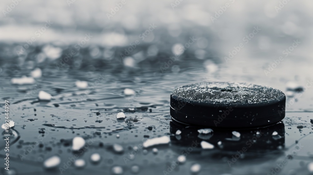 Black hockey puck on ice rink Black hockey puck on ice rink