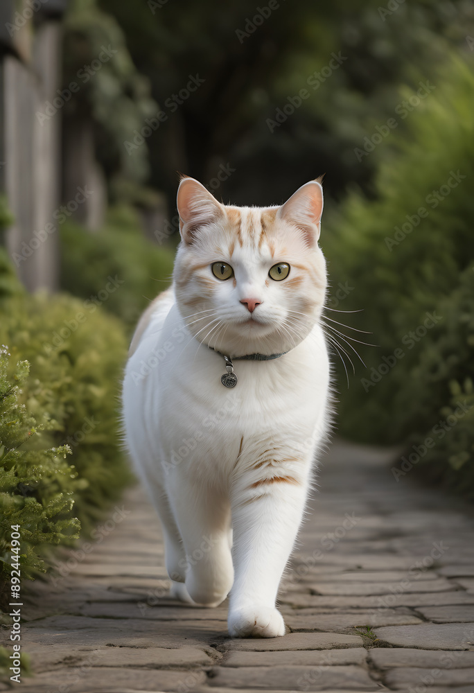 Cute cat with white and orange fur walking on brick path. Generative Al Cute cat with white and orange fur walking on brick path. Generative Al
