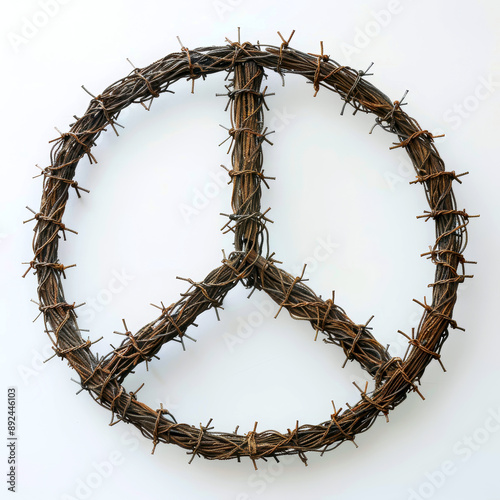 Peace symbol made out of barbed wire.
