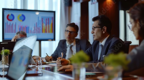 group of top-level executives engaged in a strategy meeting, reviewing key performance indicators and setting goals for the next year
