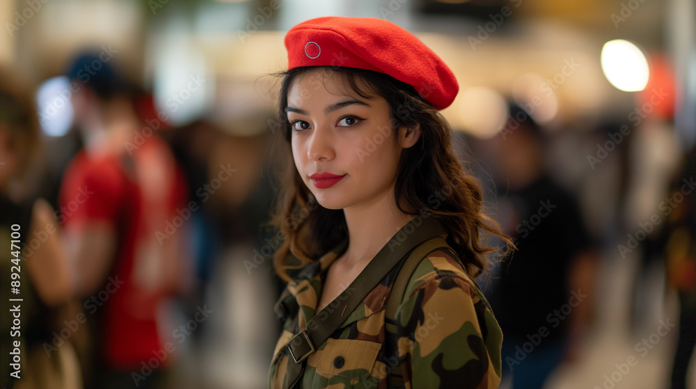 Young Woman in Red Beret and Camouflage Jacket