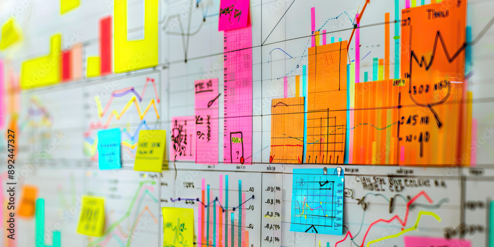 Obraz premium The Changing Tide of Investments: Market graph patterns on a whiteboard, with colorful sticky notes for notes