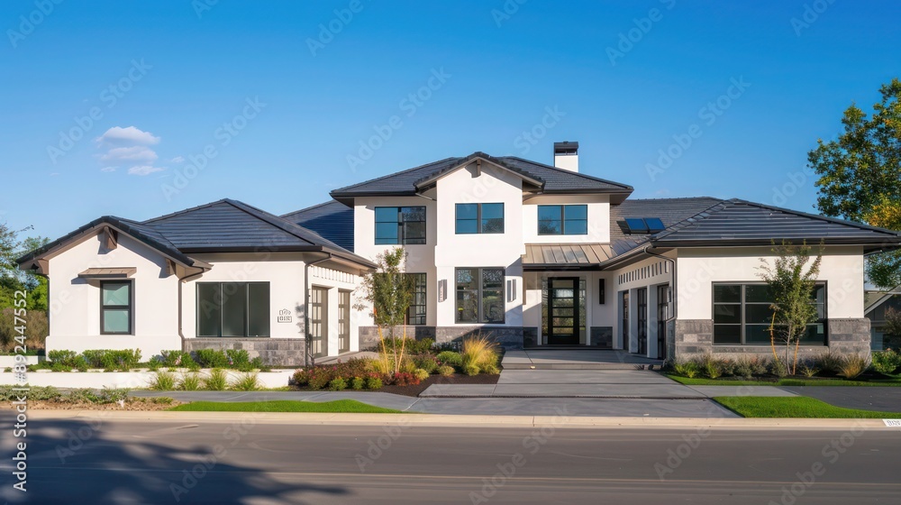 Minimalist luxury home exterior in a suburban setting, featuring a dark slate roof and white stucco walls Space for text required Minimalist luxury home exterior in a suburban setting, featuring a dark slate roof and white stucco walls Space for text required