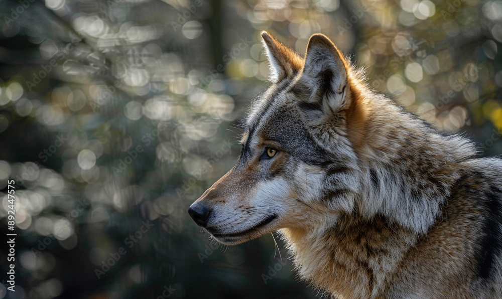 Fototapeta premium The gray wolf looks into the distance. Concept banner template for backgrounds, advertising, about wildlife with space for text