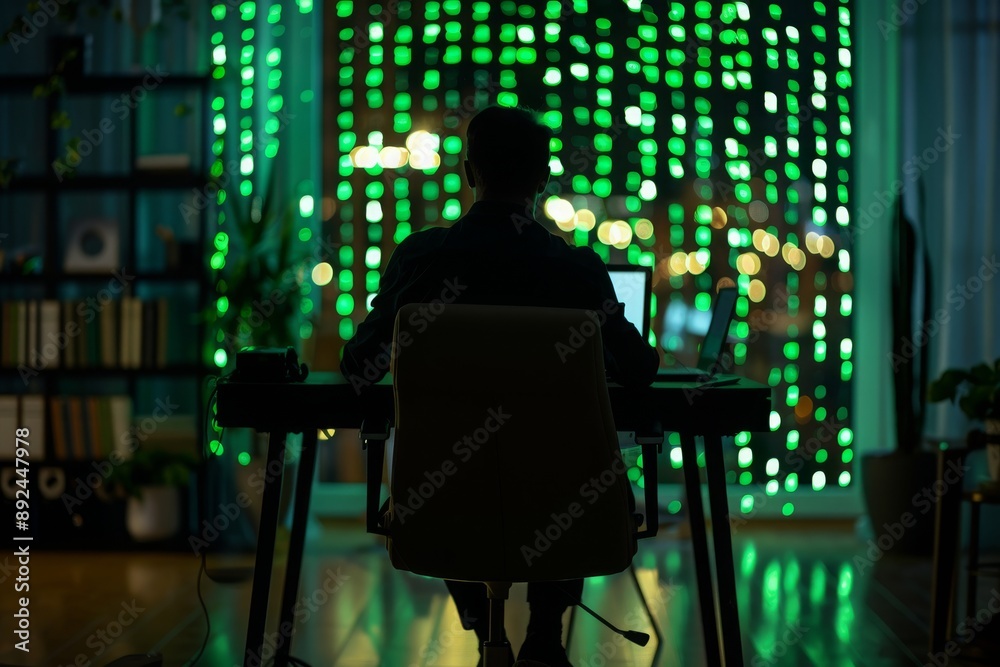 Silhouette of a Person Working at a Desk with Green Lights in the Background Silhouette of a Person Working at a Desk with Green Lights in the Background