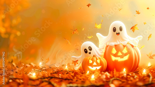 Cute cartoon ghosts popping out of pumpkins on background light bokeh with copy space, Happy Halloween concept photo