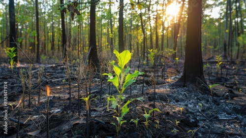 A forest regenerates after a controlled burn, new growth emerging from the ashes. photo