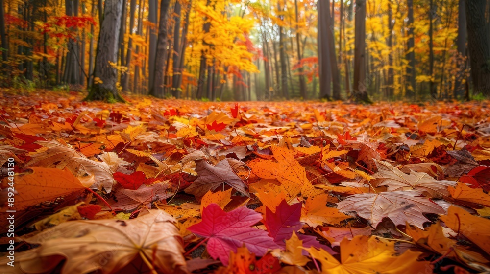 A forest transforms into a canvas of red, orange, and gold as autumn leaves blanket the ground. A forest transforms into a canvas of red, orange, and gold as autumn leaves blanket the ground.