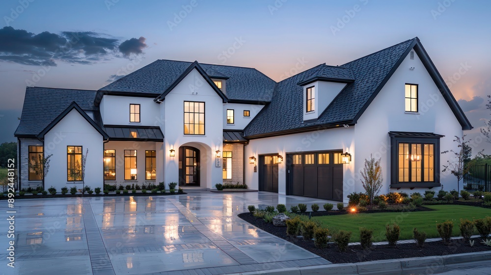 Fototapeta premium Minimalist luxury home exterior in a suburban setting, featuring a dark slate roof and white stucco walls Space for text required