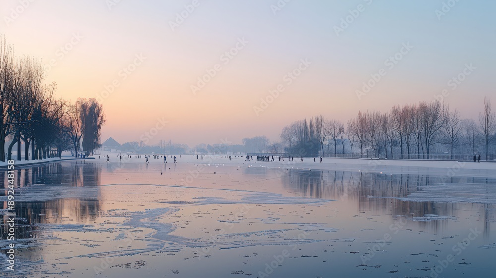 Fototapeta premium A frozen lake reflects the soft hues of a winter sunset, with ice skaters gliding gracefully on its smooth surface.