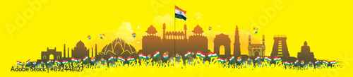 Celebration background of India Independence day. Red fort with patriotic people vector illustration.