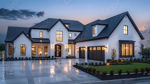 Minimalist luxury home exterior in a suburban setting, featuring a dark slate roof and white stucco walls Space for text required