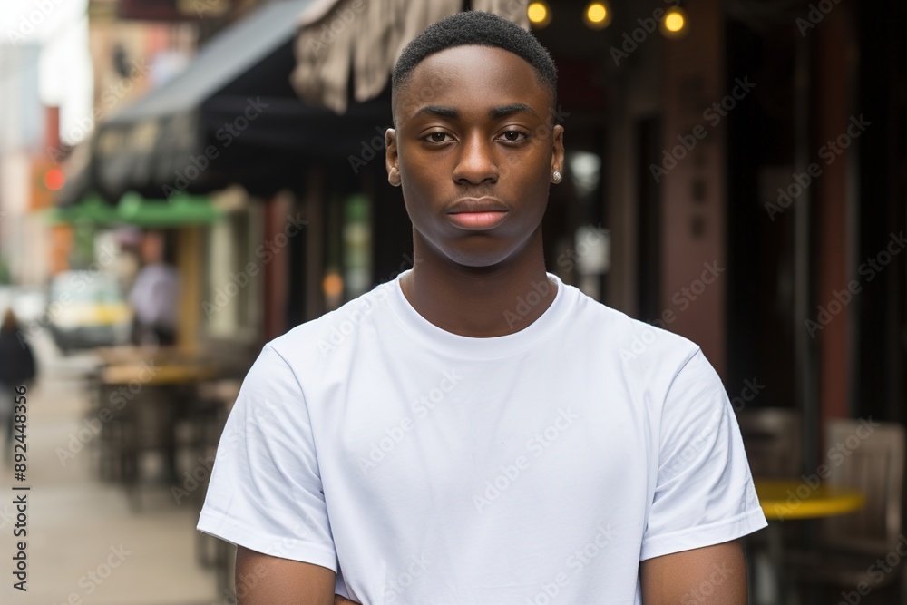 Fototapeta premium A young man with a shaved head and a white shirt stands in front of a restaurant