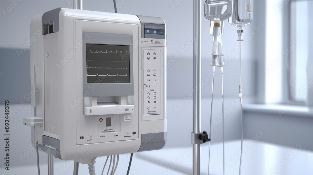 A high-tech infusion pump with precise dosage control, vital for administering medications and fluids in hospital settings. A high-tech infusion pump with precise dosage control, vital for administering medications and fluids in hospital settings.