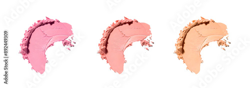 Cosmetic swatches of eyeshadows and blushes in dry and crepe textures in pink shades. PNG isolated brush strokes for product, cosmetics and beauty advertising photo