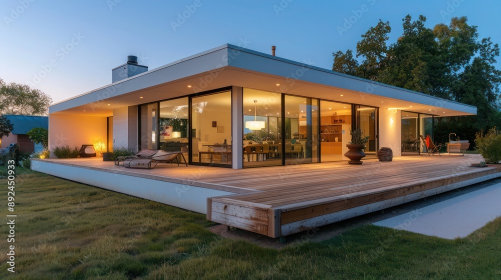 Minimalist suburban home with a focus on large glass panels and a streamlined wooden deck at dusk