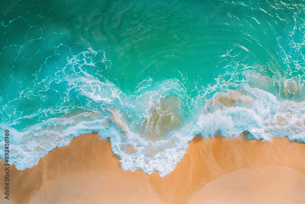 Aerial View of Turquoise Ocean Waves Crashing on Sandy Beach. Aerial View of Turquoise Ocean Waves Crashing on Sandy Beach.