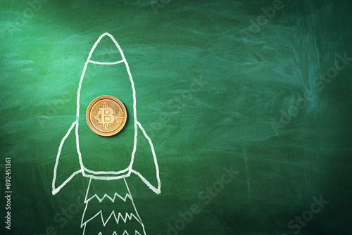 A Bitcoin coin on a green chalkboard with a drawn rocket, symbolizing financial growth or investment concept. 3D Rendering