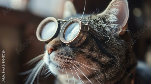 A cat wearing steampunk goggles is looking out the window, daydreaming about flying. photo