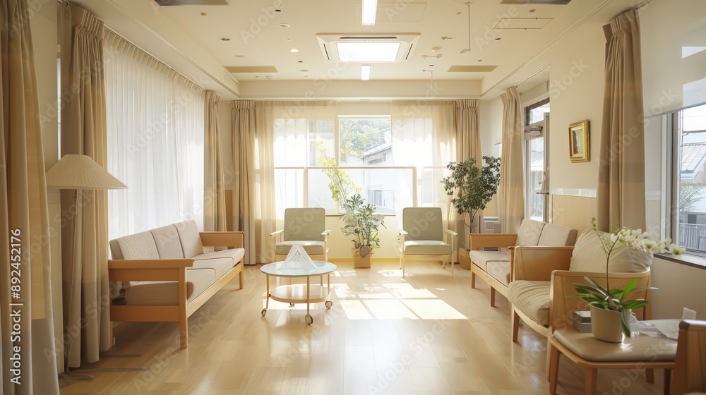 A hospital's geriatrics ward with comfortable, private rooms, supportive care facilities, and a calming atmosphere. A hospital's geriatrics ward with comfortable, private rooms, supportive care facilities, and a calming atmosphere.