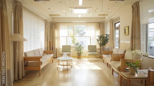 A hospital's geriatrics ward with comfortable, private rooms, supportive care facilities, and a calming atmosphere.