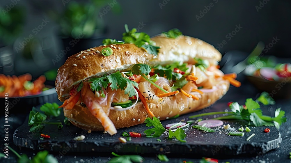 A sandwich with shrimp and carrots on a black table A sandwich with shrimp and carrots on a black table