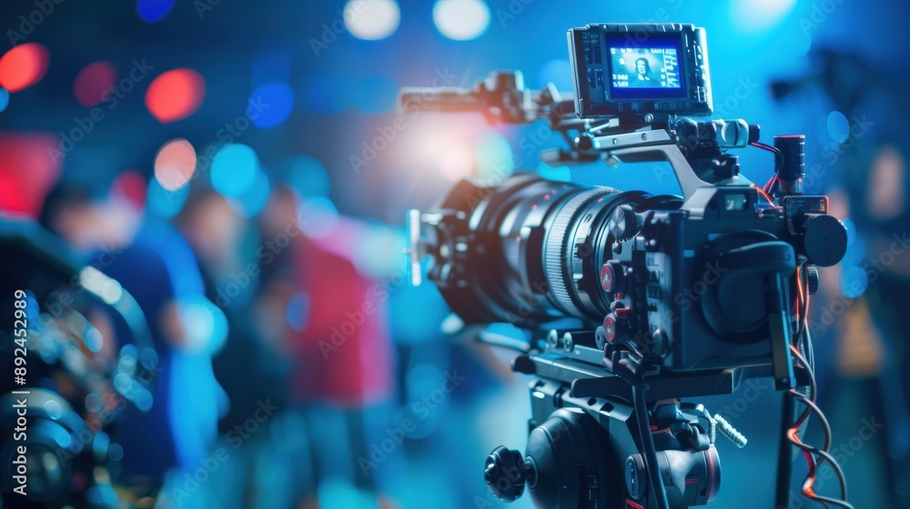 A camera is set up in a room with people standing around it
