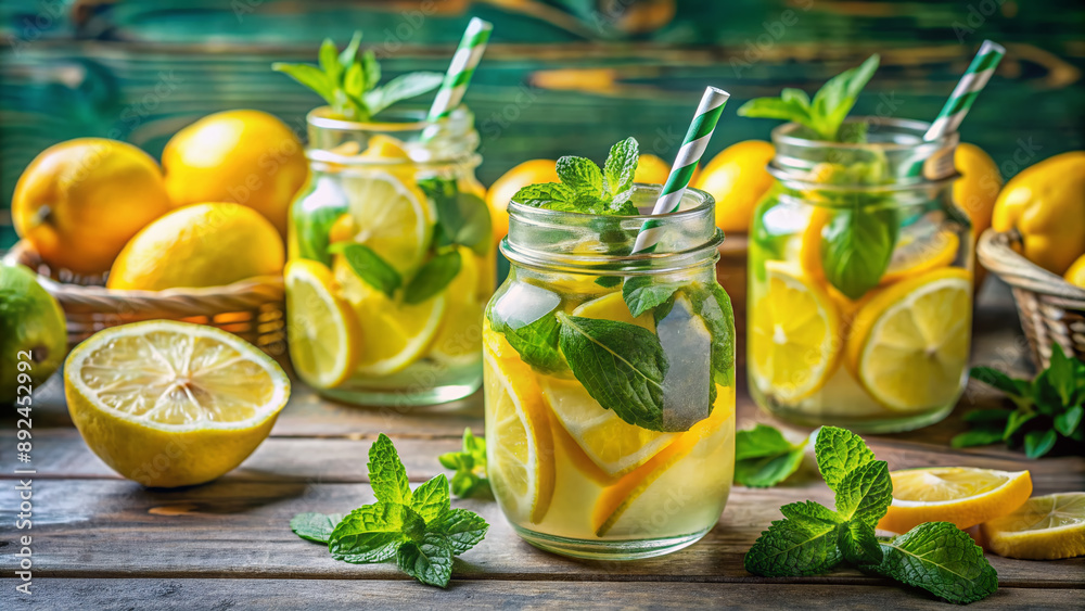 Vibrant arrangement of fresh lemons, mint leaves, and colorful jars filled with homemade lemonade, evoking a refreshing and cheerful summer drink preparation atmosphere. Vibrant arrangement of fresh lemons, mint leaves, and colorful jars filled with homemade lemonade, evoking a refreshing and cheerful summer drink preparation atmosphere.