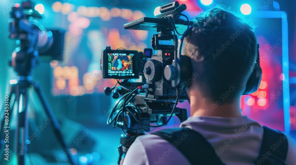 A man is filming a concert with a camera A man is filming a concert with a camera